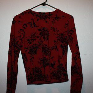 Long Sleeve Top with Black Velvet Floral Detail